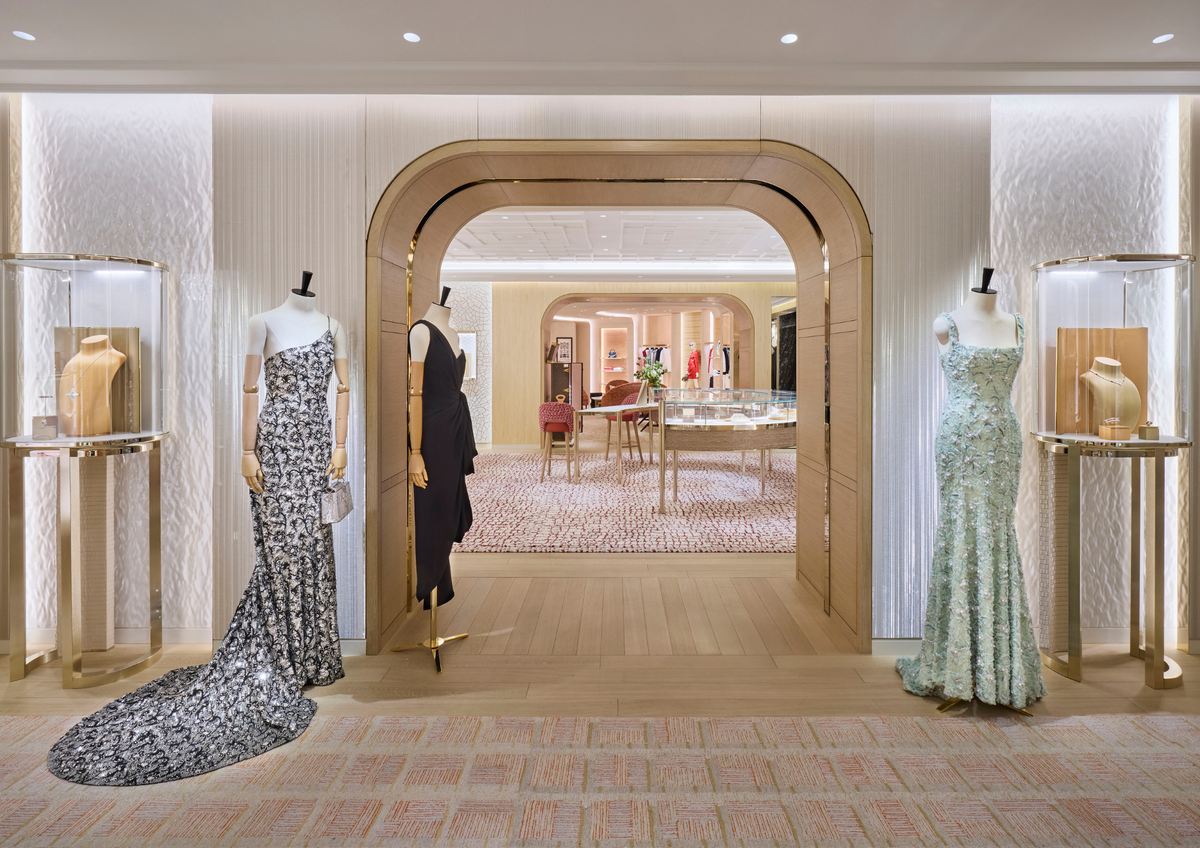 Arched portal framing evening gowns at Louis Vuitton Harrods