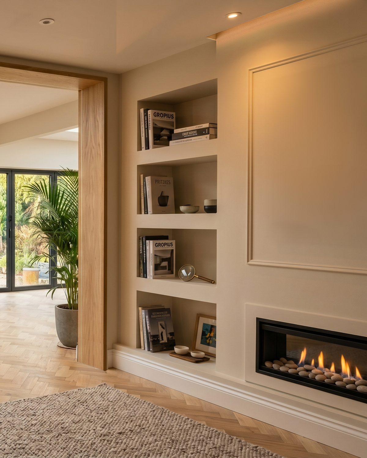 Living room with built-in shelving and linear fireplace, Grove Park home, Chiswick, London
