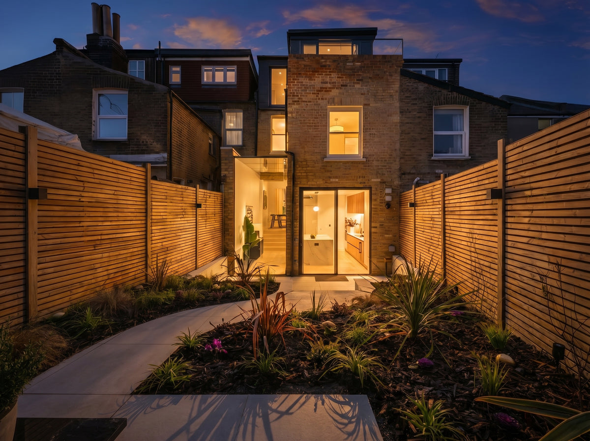 Double-storey rear extension with glass side infill and landscaped garden lit at dusk, Finsbury Park home, London