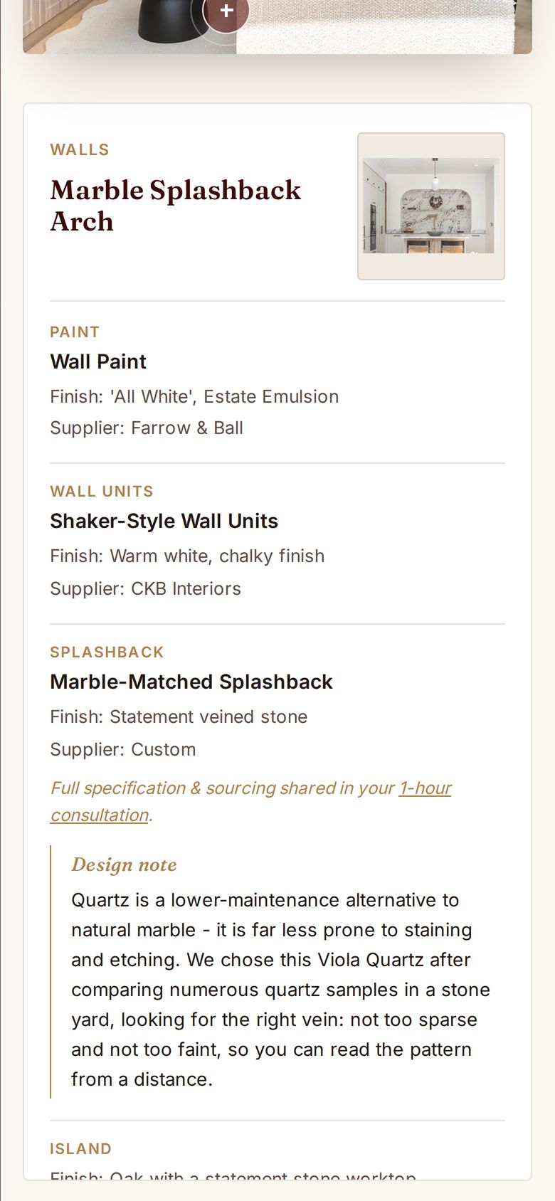 A finish card showing colour, finish and supplier