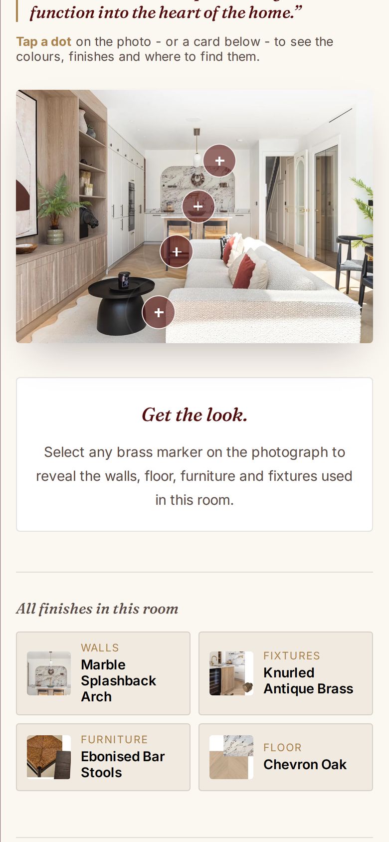 The Spec Book on a phone: tap the brass dots on the kitchen photo